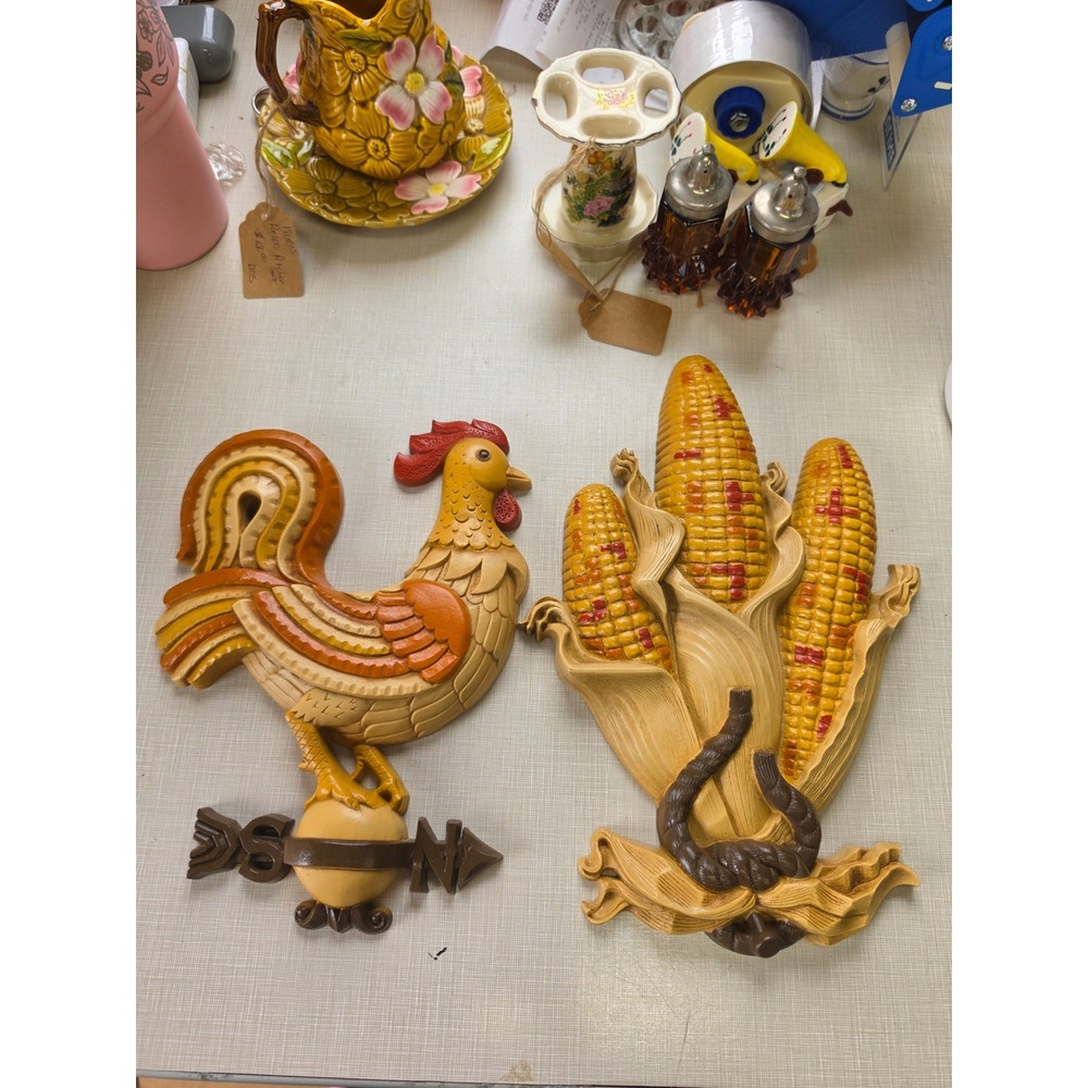 Vintage 1981 Burwood Products Rooster and Corn Wall Hanging Set Made in USA 2500